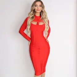 HQBORY Winter Long Sleeves sexy  Hollow Out Knitted Bandage Dress mid-length Women Hole Cut Out Black Bodycon Vestidos Red XL