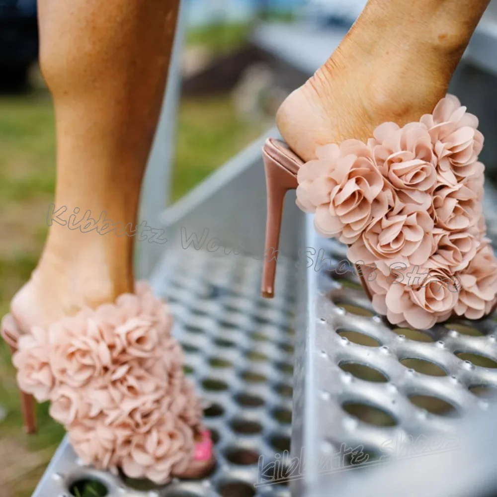 

Flowers Slipper Sandals Round Toe Thin High Heels Slip-On Fashion Luxury Elegant Concise Sexy Party Wedding Summer Women Shoes