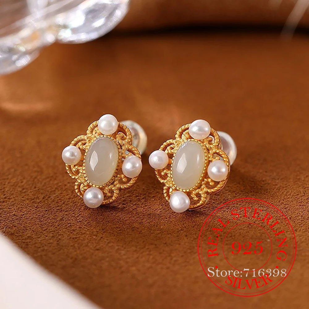 925 Sterling Silver Jewelry 18K Gold Plated Natural Jade Pearl Stud Earrings for Women Wedding Party Jewelry Girls Friends Gift