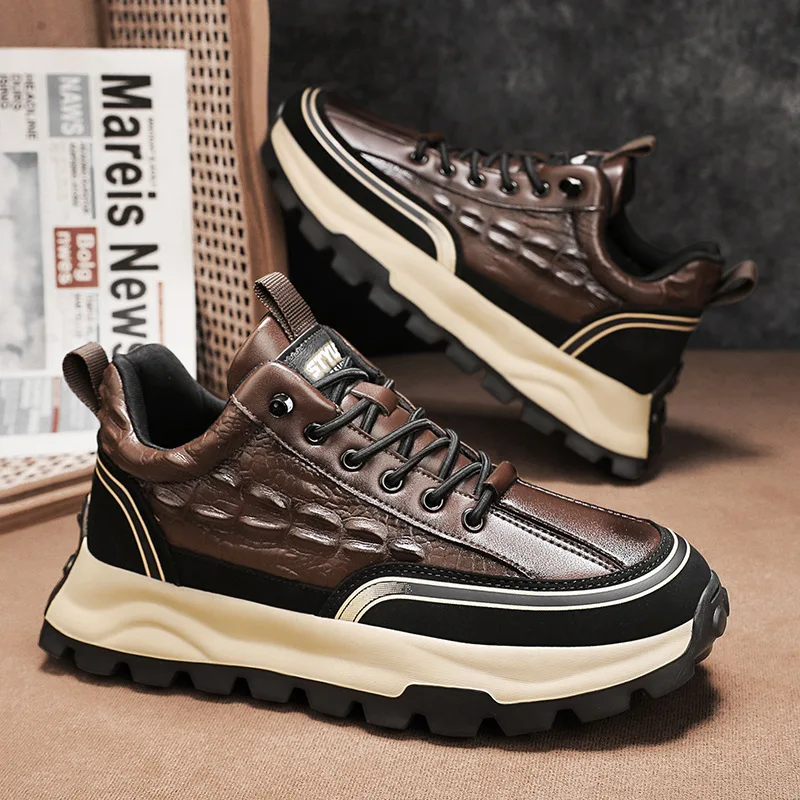 Men's Soft Leather Shoes Thick Sole Male Adult Drawstring Lace-up Gym Sneakers Men Retro Casual British Style Non Slip Footwear image 3