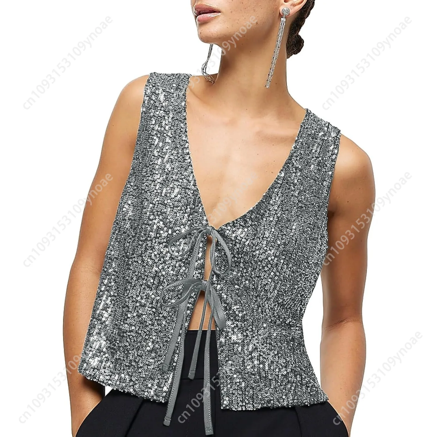 Sequin Sleeveless Vest Sexy Sparkly Party V Neck Vests Women Vintage Elegant Laceup Low Cut Top Hollow Out Polyester Waistcoat