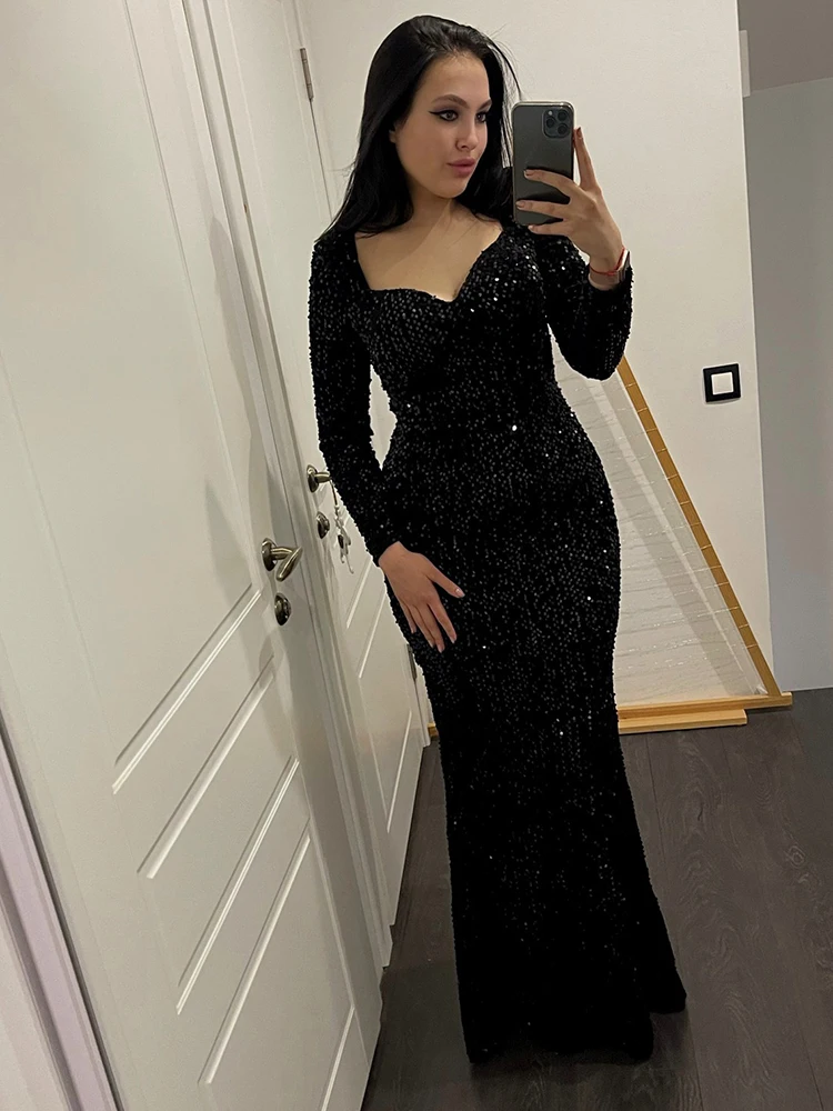 Black V Neck Long Sleeve Evening Gown Stertch Luxury Velvet Sequin Wedding Party Prom Dress Elegant Women\'s Royal Blue 2024