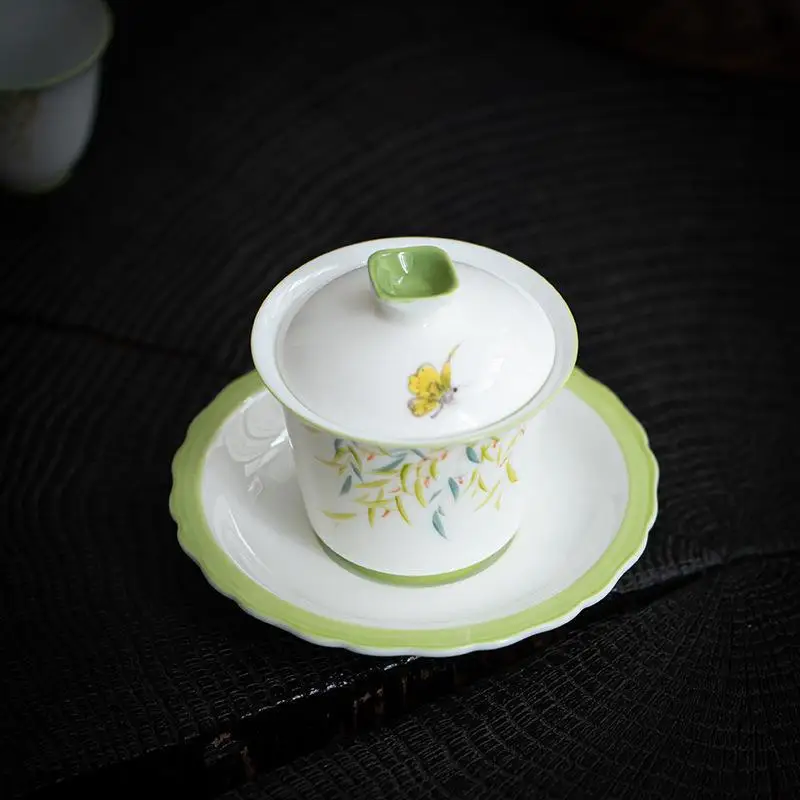 

Hand-painted Willow Sancai Tureen Ceramic Covered Bowl Chinese Kung Fu Teaware Set Household Gaiwan Tea Ceremony Retro Teacups