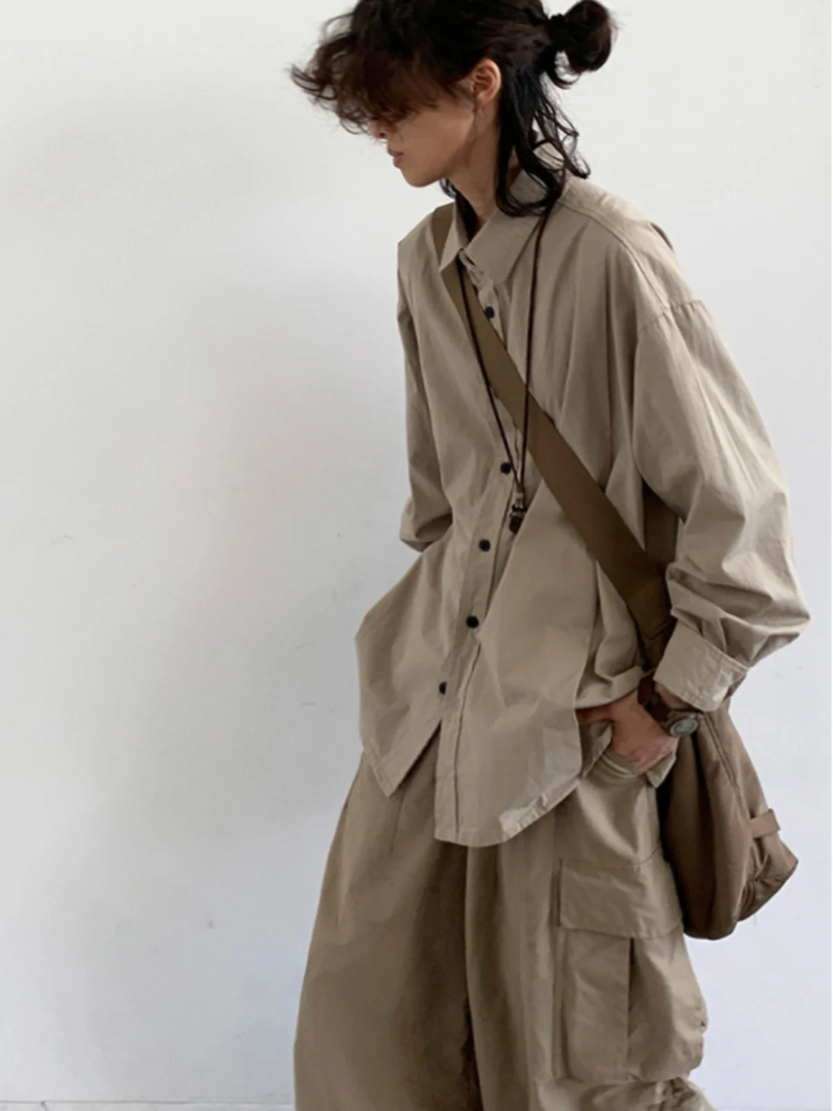 

Retro Japanese Sle Long Sve irt Loose Fit Men's Women's Sli Autumn Faion Casual Workwear Neutral Haome Collar