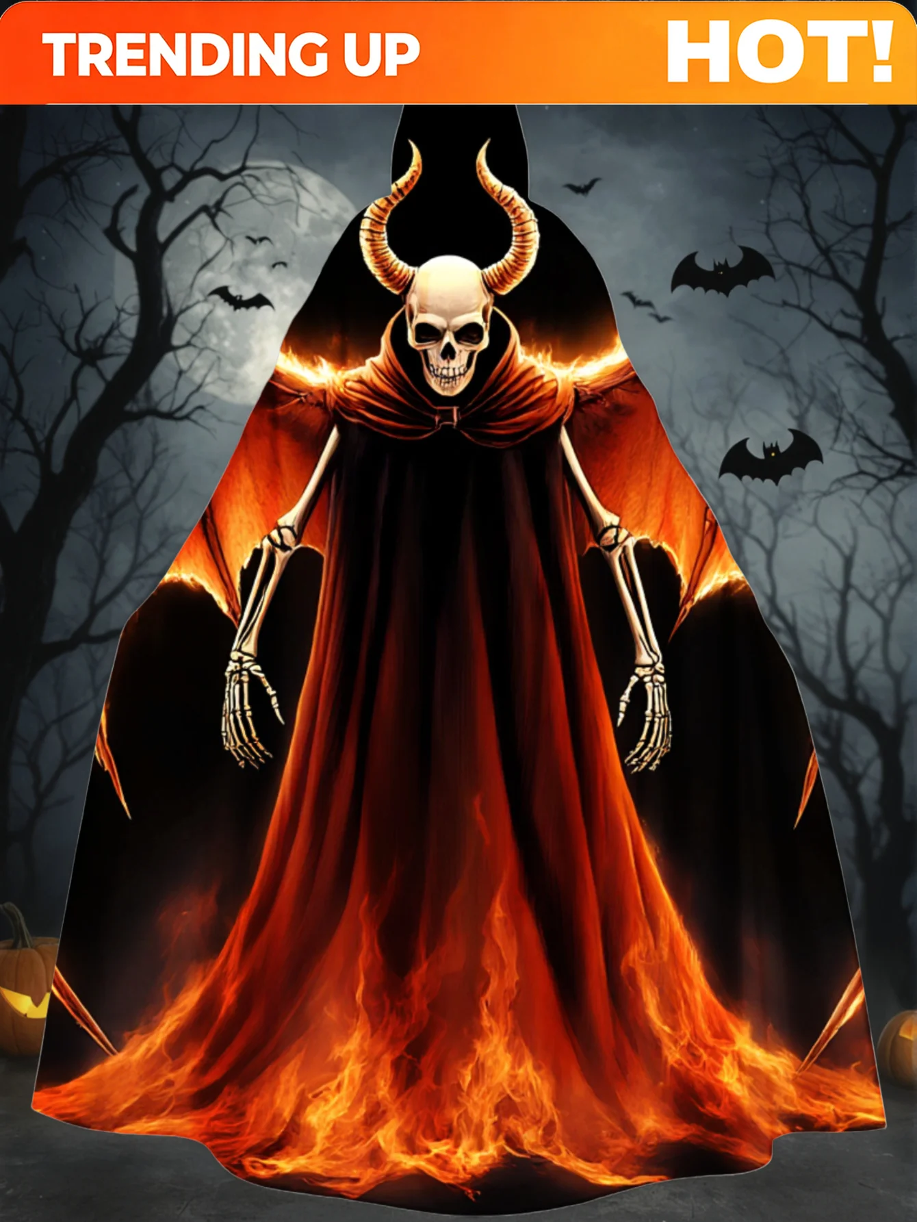 Customization Costume Cape Featuring A Night Forest Scene With Red Flame Skull Horns For Halloween
