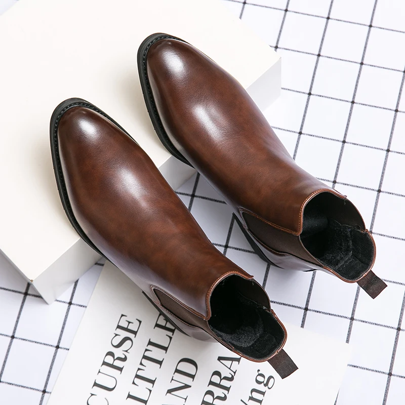 New Chelsea Boots Men Shoes PU Brown Fashion Versatile Business Casual British Style Street Party Wear Classic Ankle Boots