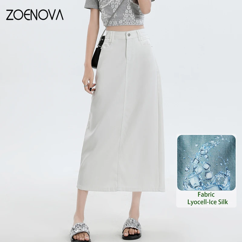 

ZOENOVA Korean Fashion Women's White Lyocell Denim Skirt Summer New High Waist Solid Soft Loose Simple Versatile A-line Jeans