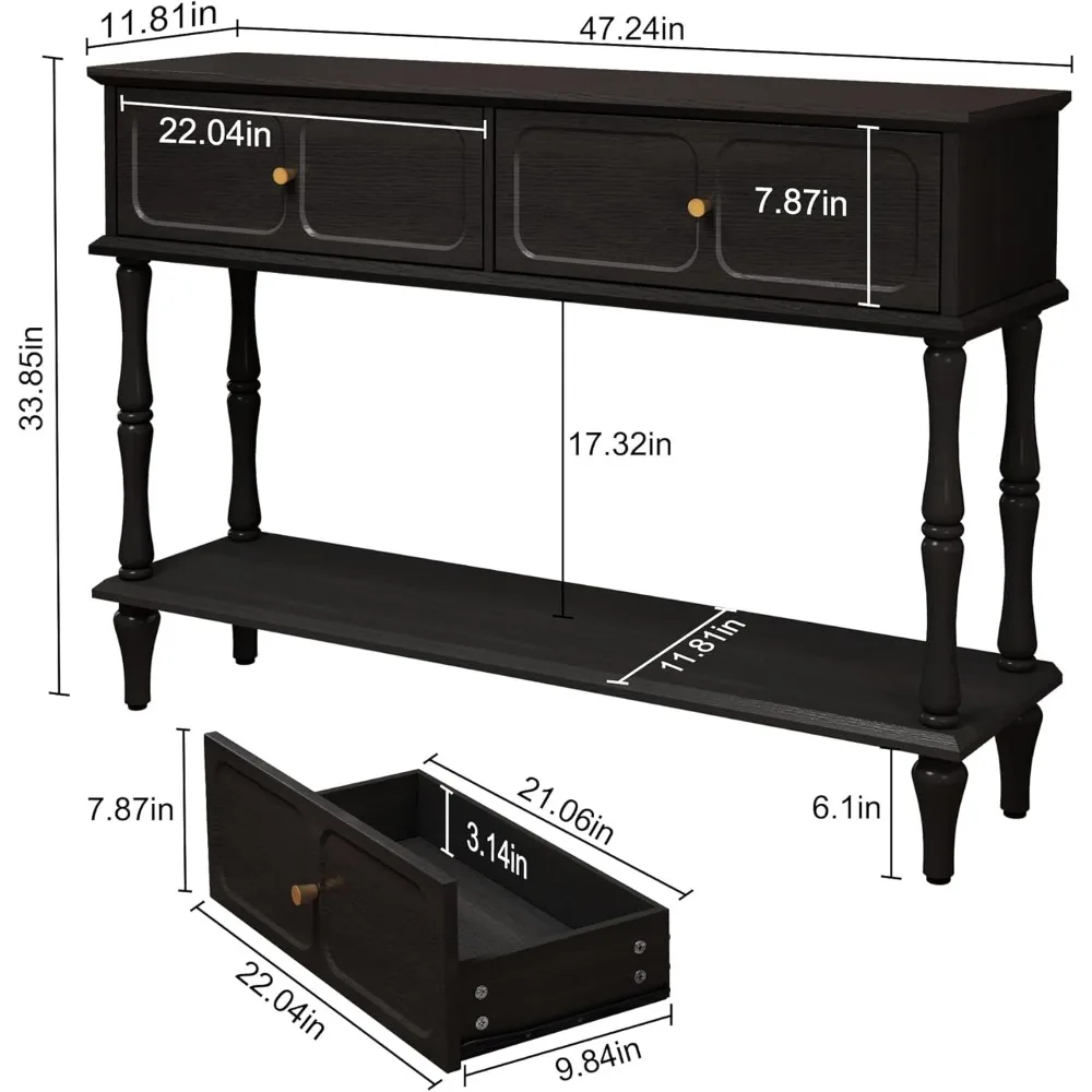 Mid-Century Console Table for Entryway with 2 Drawers, Black Retro Entryway Table with Storage Cabinets and Open Shelf