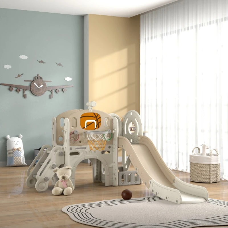 

7-in-1 Toddler Slide Playset with Ring, Basketball Hoop, Indoor Playground with Climbing Frame, Crawling Tunnel, Cream White