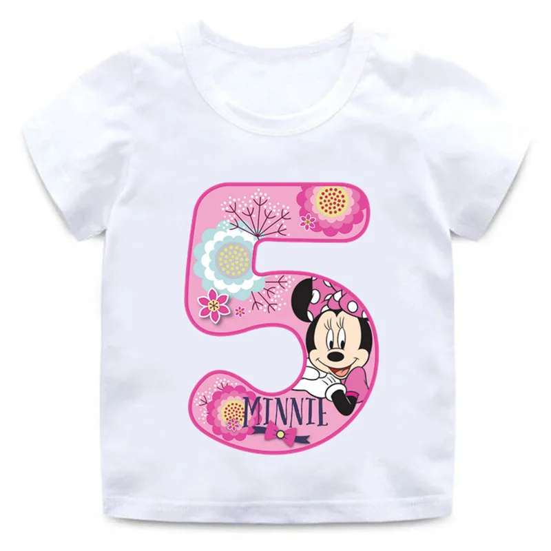 New Minnie Mouse Birthday Number Print Children T-Shirt Kawaii Tees Tops Girls T Shirt Anime Cartoons Casual Kid Summer Clothing