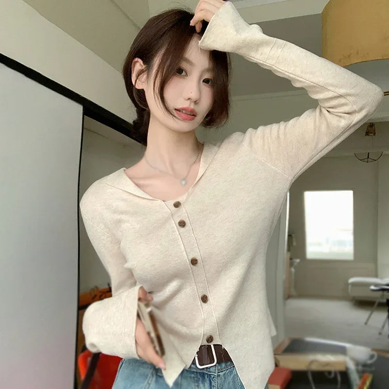 Solid Colour Pullover Tops Knitted Long Sleeves Women's Pullover Tops Korean Version Sweet Simplicity Breastplate Split