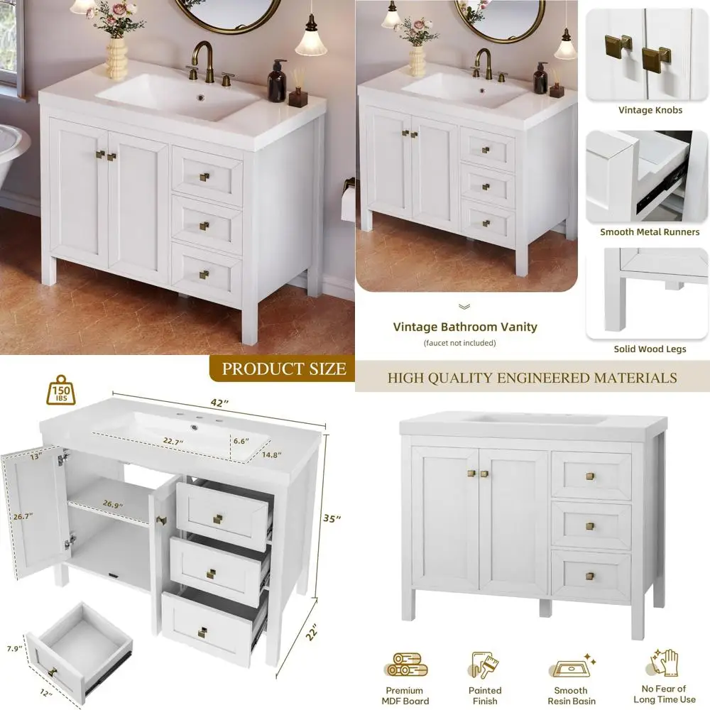 

contemporary 42" vanity with sink, 3-hole resin basin, 2 doors & 3 drawers storage cabinet