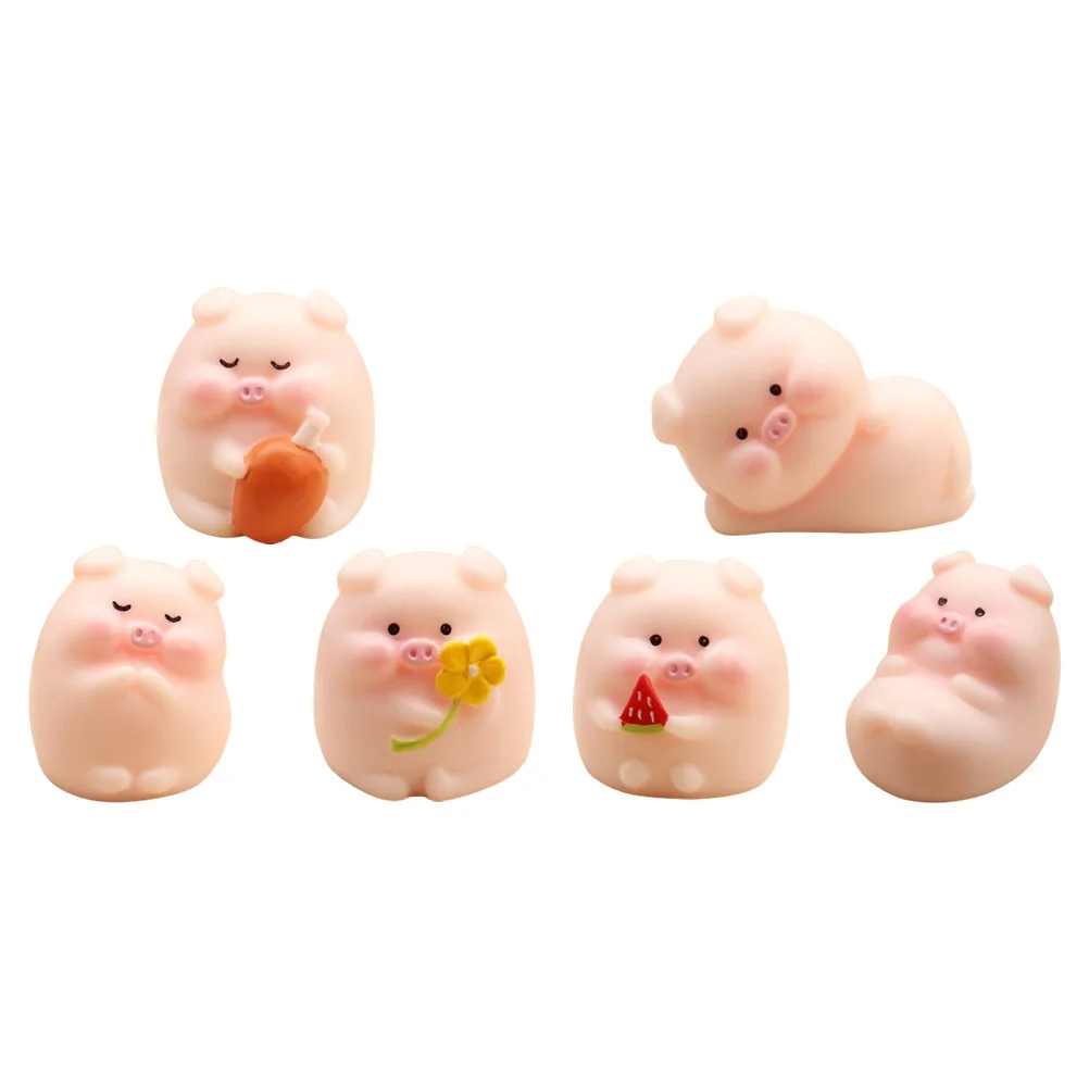 6 Pcs Piggy Car Ornaments Animal Model Figurine Mini Statue Micro Landscape Decoration Adorable Resin Desktop