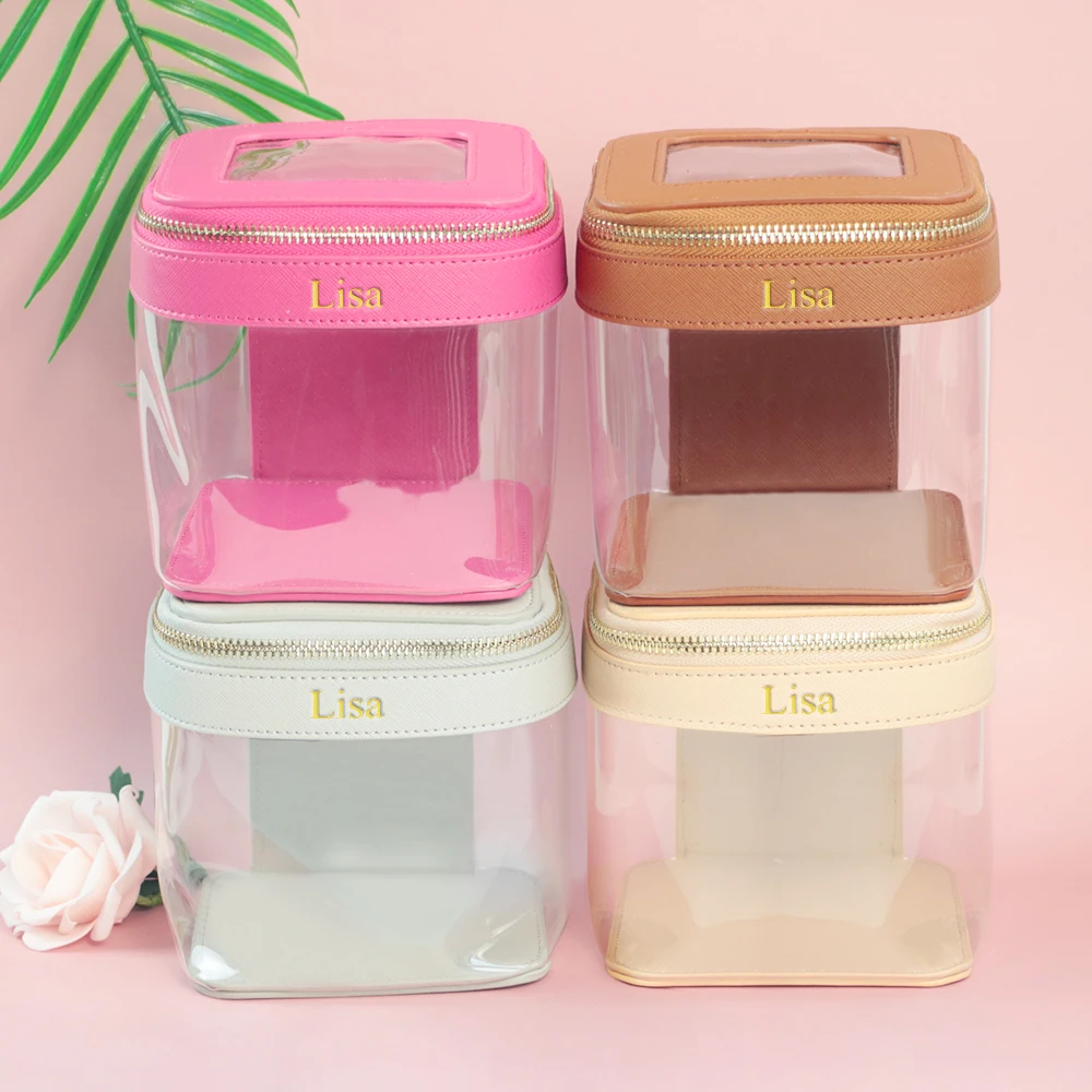 حقيبة مكياج وحقيبة أدوات الزينة قابلة للتخصيص، تصميم شفاف ومرئي، سعة كبيرة، محمولة للسفر
