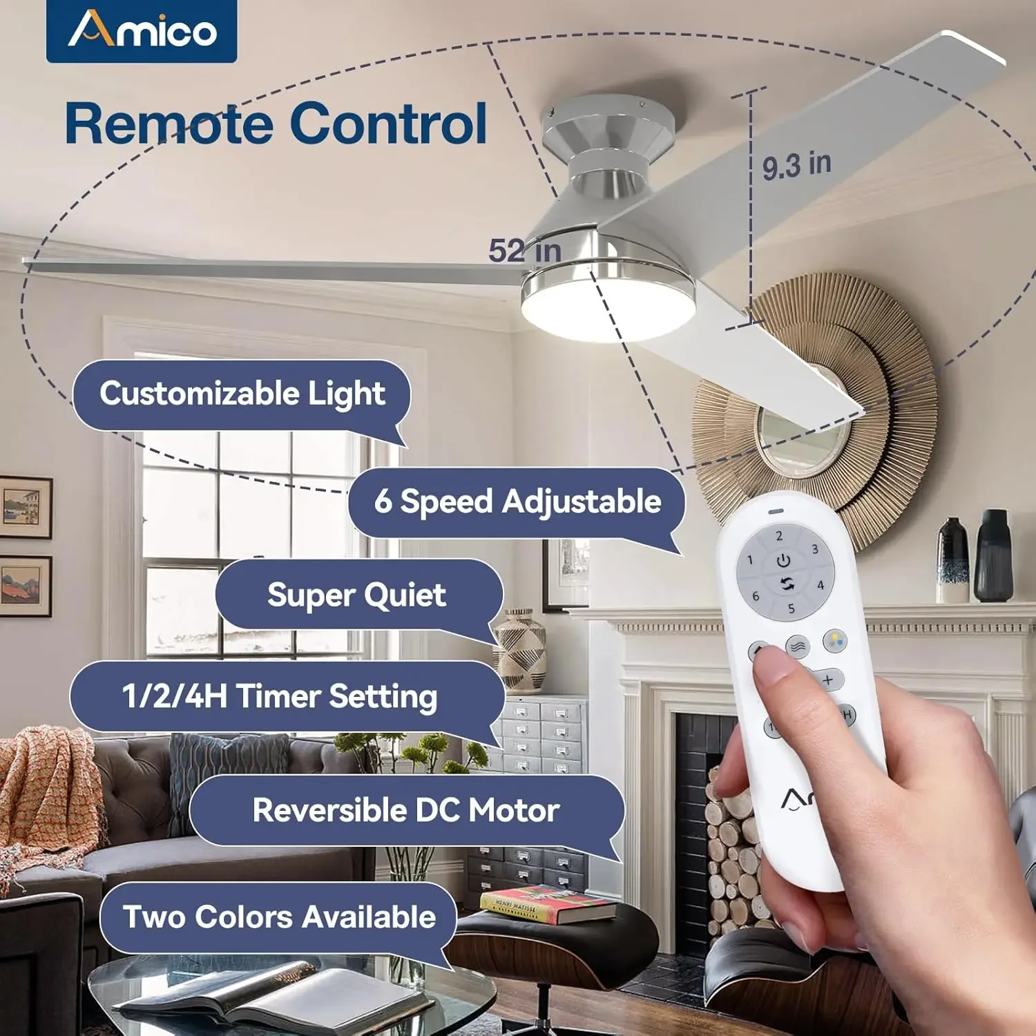 Ceiling Fans with Lights, 52 inch Low Profile Ceiling Fan with Light and Remote Control, Flush Mount, Reversible, 3CCT, Dimmable