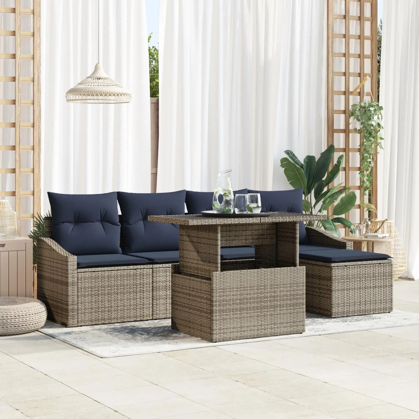 

6 Piece Outdoor Garden Sofa Set with Cushions Grey Poly Rattan Furniture