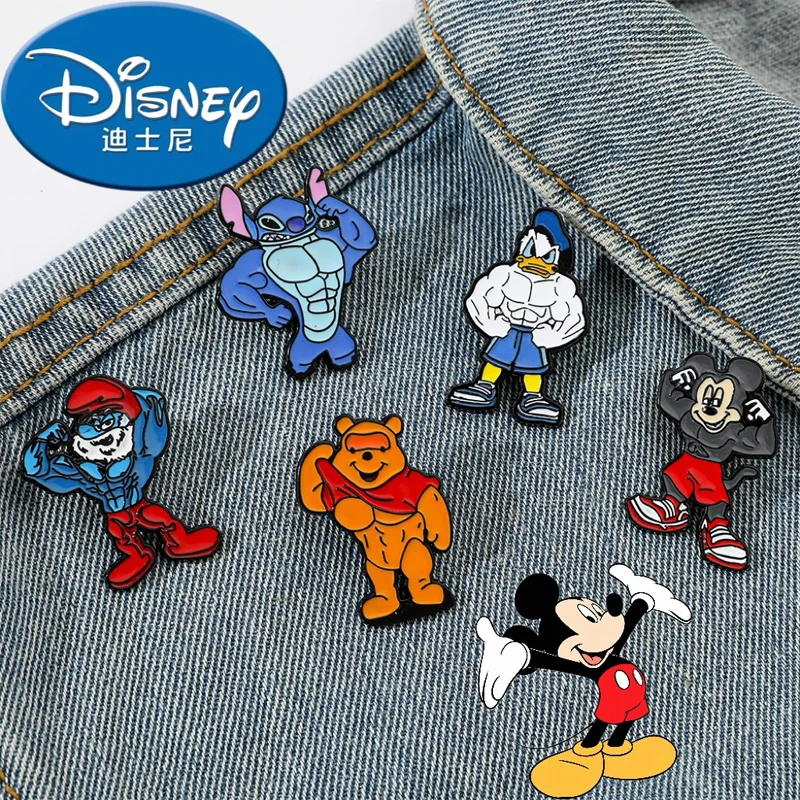 New Disney Stitch Enamel Pins Anime Muscle Mickey Mouse Winnie the Pooh Donald Duck Brooch Boys Shirt Badge for Christmas Gifts