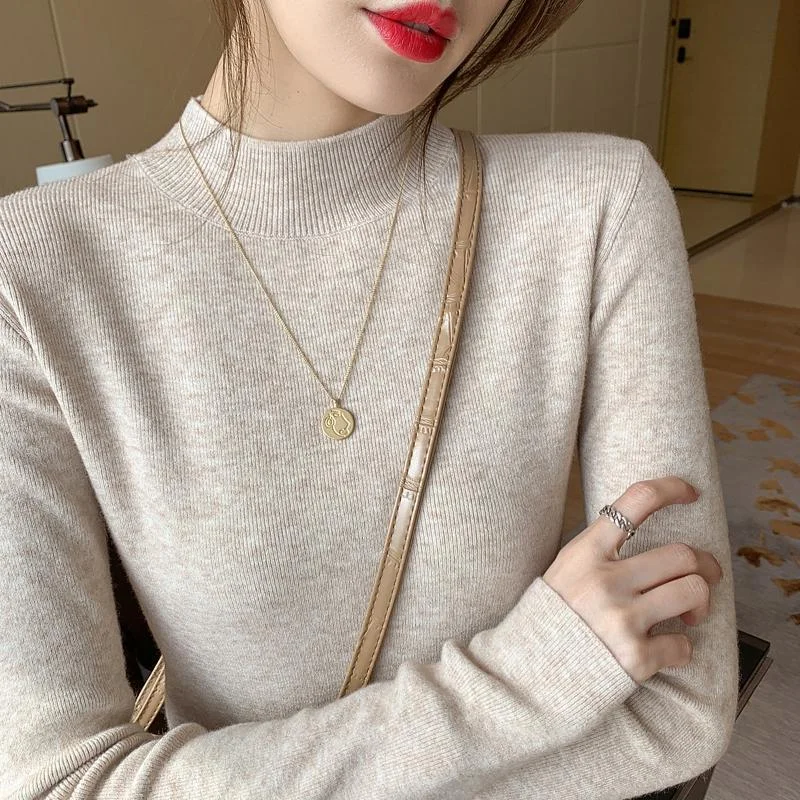 Pullover 2023 Autumn Top Slouchy Long Sleeve Knitted Undercoat Western Sweater Women Half High Collar Pullover Sweater Female