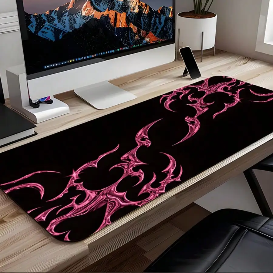 1pc Pink & Black Thorn Totem Gaming Extra Large Mouse Pad, Sweet Cool Yabby Dark Style Large Desk Mat - Alluring Atmosphere Extended Oversized Rose Red Fluid