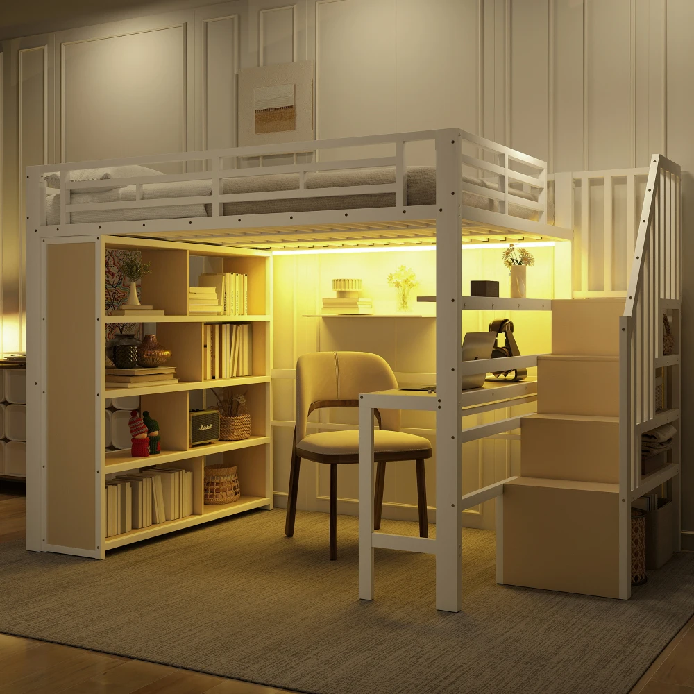 90*200cm/140*200cm Hochbett mit Schreibtisch und LED-Lichtleiste, Eisenrahmen, Staufach, Treppe mit Stauraum, ohne Matratze