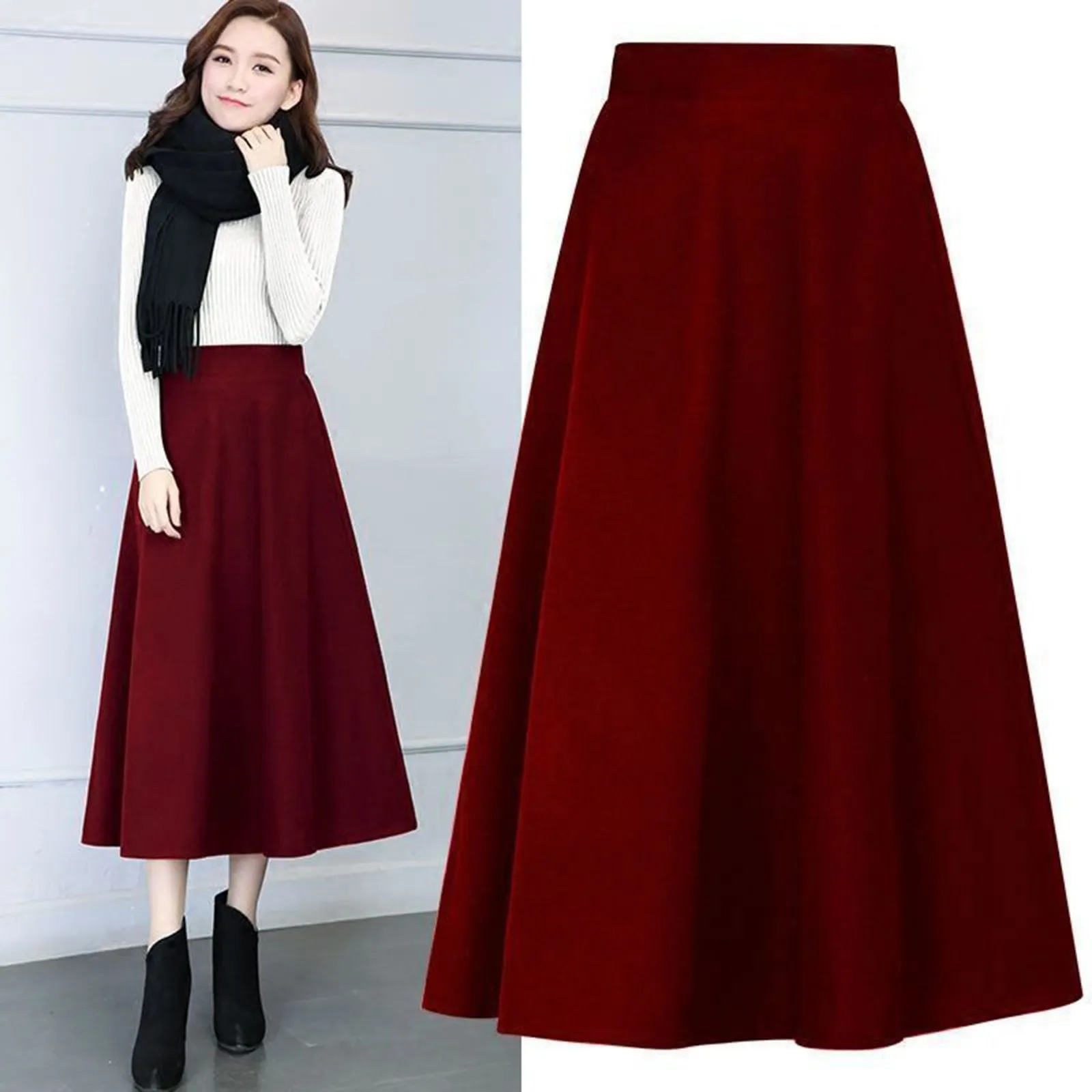 

Elegant Women Woolen Skirts For Female Pockets Office Ladies Casual Loose A-Line High Waist Midi Skirt Autumn Winter Clothing