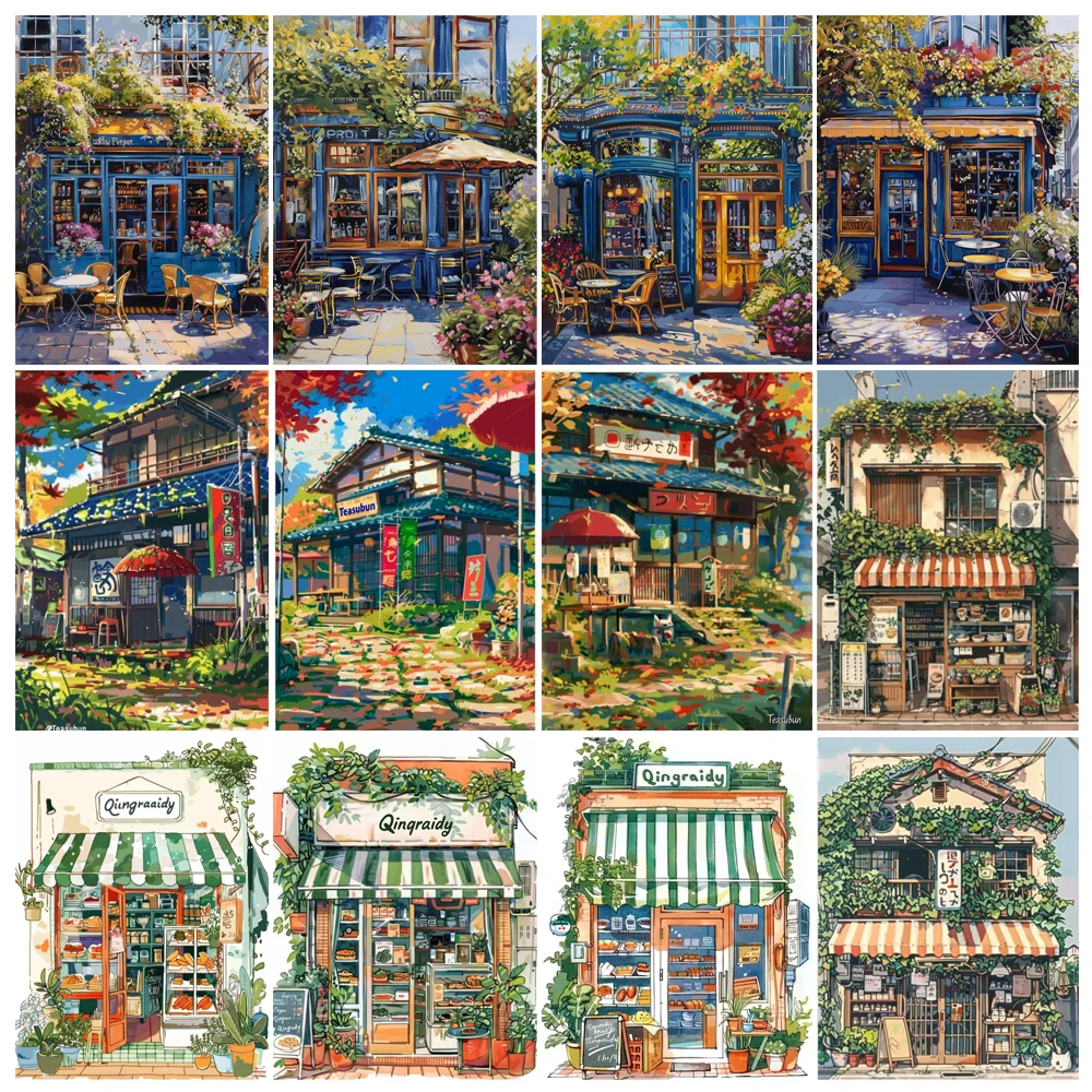 Malen nach Zahlen Hand japanische Architektur Shop Erwachsene Acryl Kit Meereslandschaft DIY Farbe Canva Kunstwerk personalisieren Geschenk Zuhause