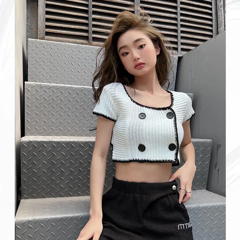

2025 Summer New Western Style Small Fragrant Style Short Knitted Shirt Top Slimming Strap Short Sleeve T-shirt Female Clothing