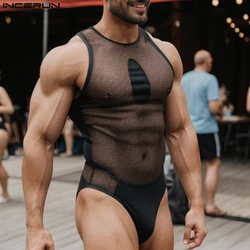 INCERUN Mesh Splicing Bodysuits Men Well Fitting Hollow Out Design Onesies 2024 Casual Solid Sleeveless Comfortable Homewear