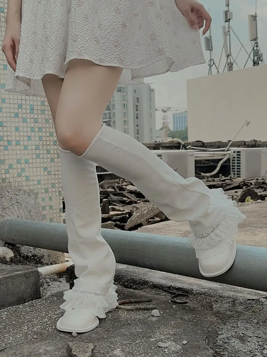 Y2k Gyaru Women Leg Warmers Floral Lace Frill Warm Foot Cover White Black Boot Cuffs Fashion Streetwear Socks Lolita Gaiters 90s