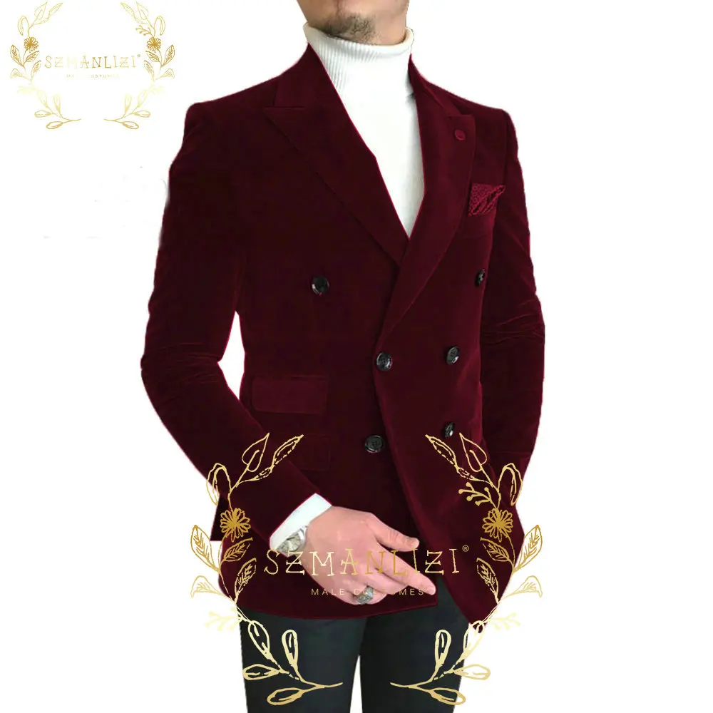 

SZMANLIZI Double Breasted Burgundy Velvet Men Suits With Pants 2 Piece Groomsmen Wedding Tuxedos For Groom Male Fashion Costume