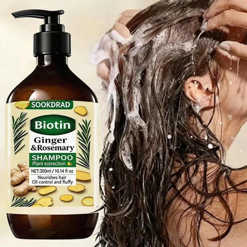 Champú de Biotina, Jengibre y Romero con Extracto Natural para Limpiar Suavemente el Cuero Cabelludo, para Todo Tipo de Cabello, 10.14 fl.oz