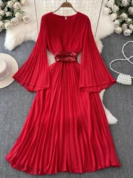 Spring Autumn Vintage Women Draped Party Long Dress Elegant Round Neck Flare Sleeve High Waist Pleated Party Maxi Vestidos New