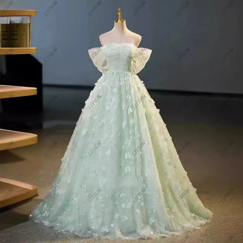 فستان Quinceanera مكشوف الكتفين ، زينة فراشة ثلاثية الأبعاد لامعة ، دانتيل زهور ، فستان كرة 16 حلو ، عيد ميلاد ، فستان الحفلة الخامس عشر ، أخضر بالنعناع