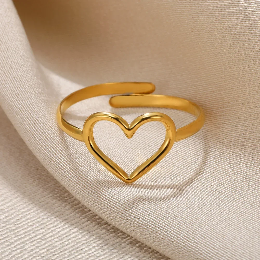 Stainless Steel Hollow Heart Open Rings For Women Gold Color Geometric Heart Aesthetic Wedding Ring Trendy Jewelry Accessories