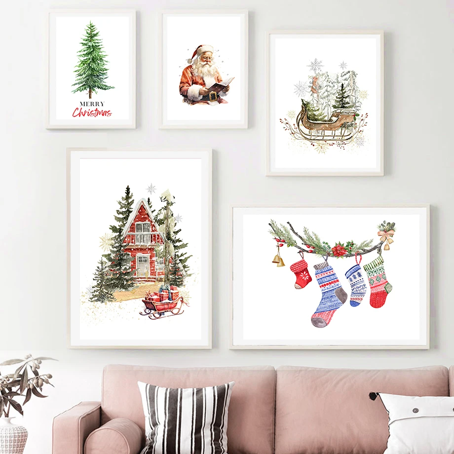 Reindeer Sleigh Christmas Decor Gift Print Christmas Stockings Wall Art Canvas Painting Nordic Poster Home Living Room Decor