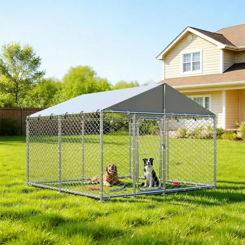 

Sturdy 7.8'x7.8' Outdoor Dog Pen with Mesh Fence, Lockable and Waterproof Cover for Large Breeds