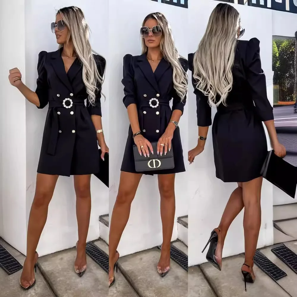 2024 Autumn Slim Blazer Dress Women Elegant Double Breasted Office Lady New Casual Button Belt Mini Dresses Solid Party