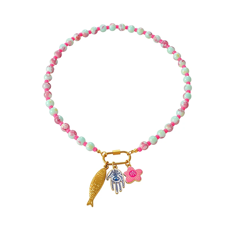 Titanium Steel Necklace with Starfish, Heart, Glass Fish, and Beads; Features Paperclip Chain and Screw Clasp (Color Random) - view 4