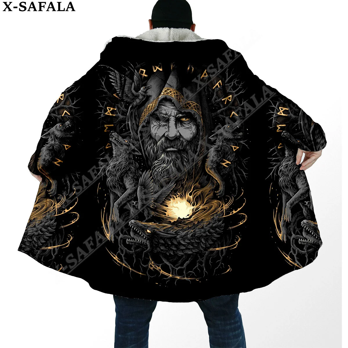 

Wolf Raven Tattoo Symbol Viking Odin Tree of Life Overcoat Coat 3D Print Thick Warm Hooded Cloak Men Windproof Fleece Unisex-8