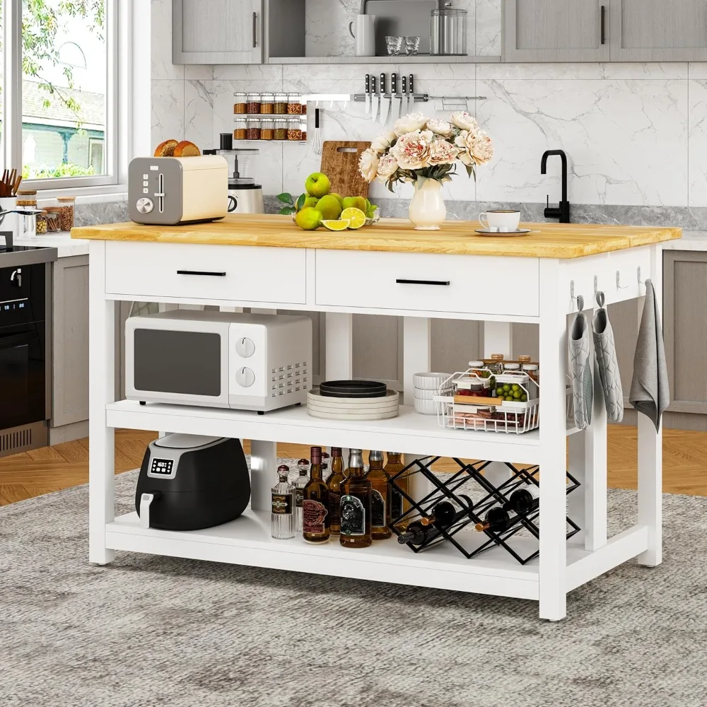 

47.3" Solid Rubberwood Kitchen Island with Power Outlets - Extra Large Work Surface, 2 Drawers & Open Shelves Storage Cabinet fo