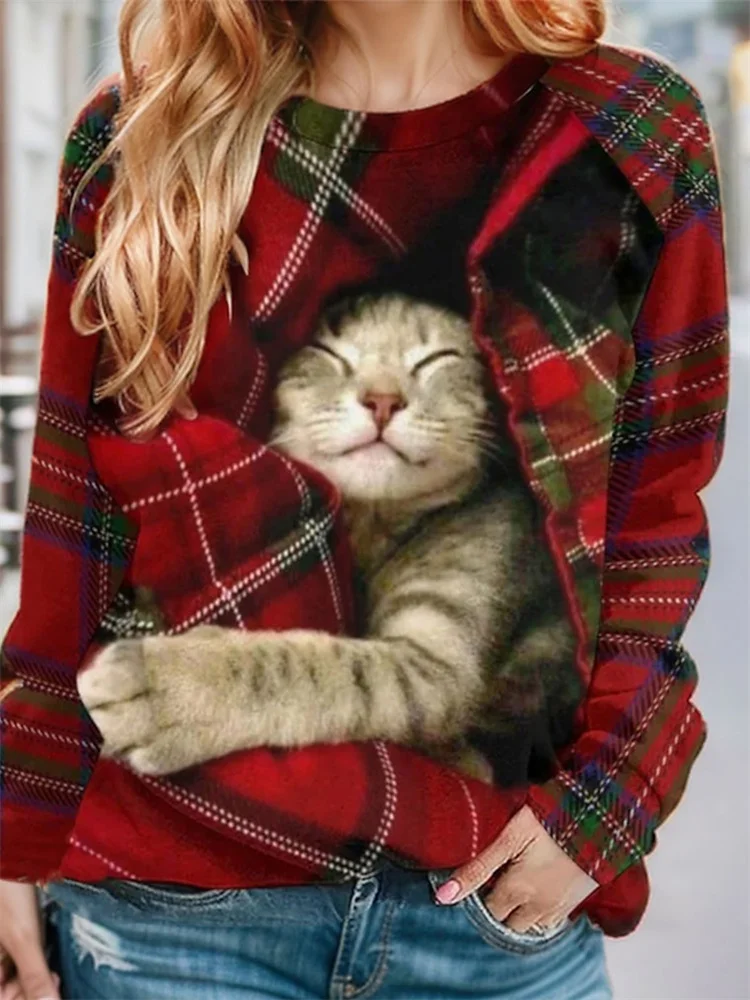 Women\'s Pullover Christmas Sweatshirt Plaid Cat Casual Sportswear Festival Round Neck Long Sleeve Top Micro-elastic Fall & Winte