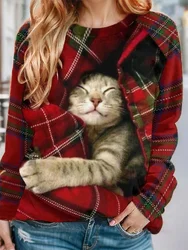 Women's Pullover Christmas Sweatshirt Plaid Cat Casual Sportswear Festival Round Neck Long Sleeve Top Micro-elastic Fall & Winte