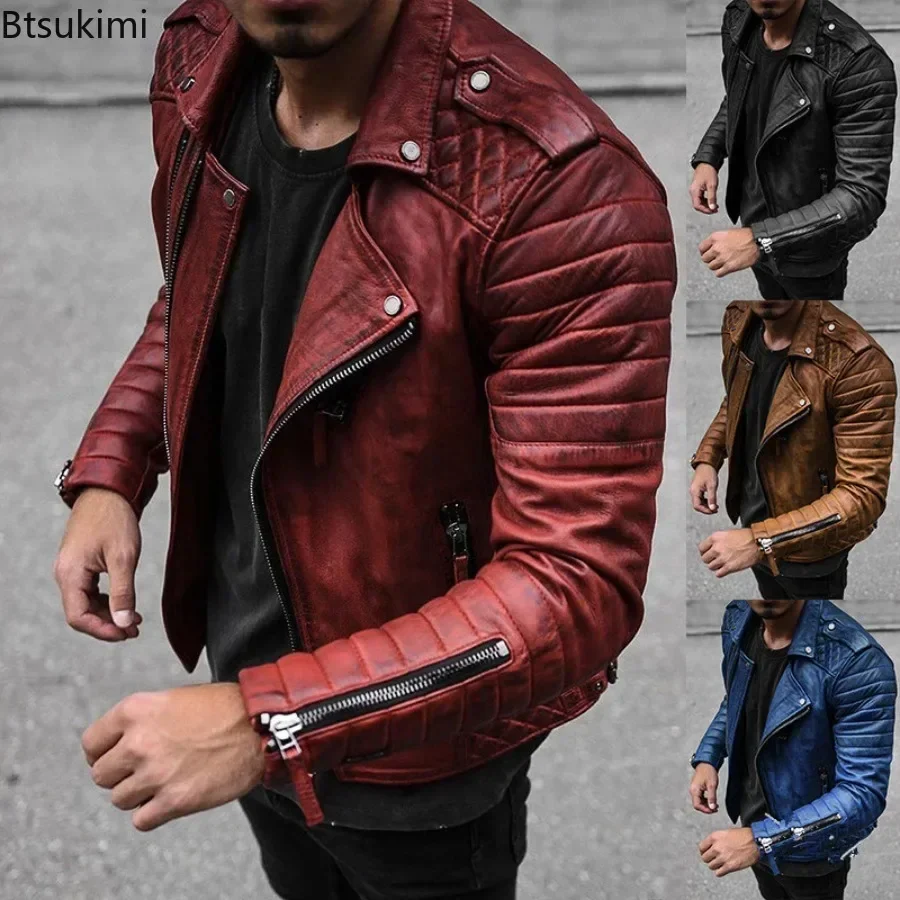 

New 2025 Men's PU Leather Jacket Coats Spring Autumn Solid Slim Lapel Motorcycle Coats Casual Windbreak Leather Jacket for Men