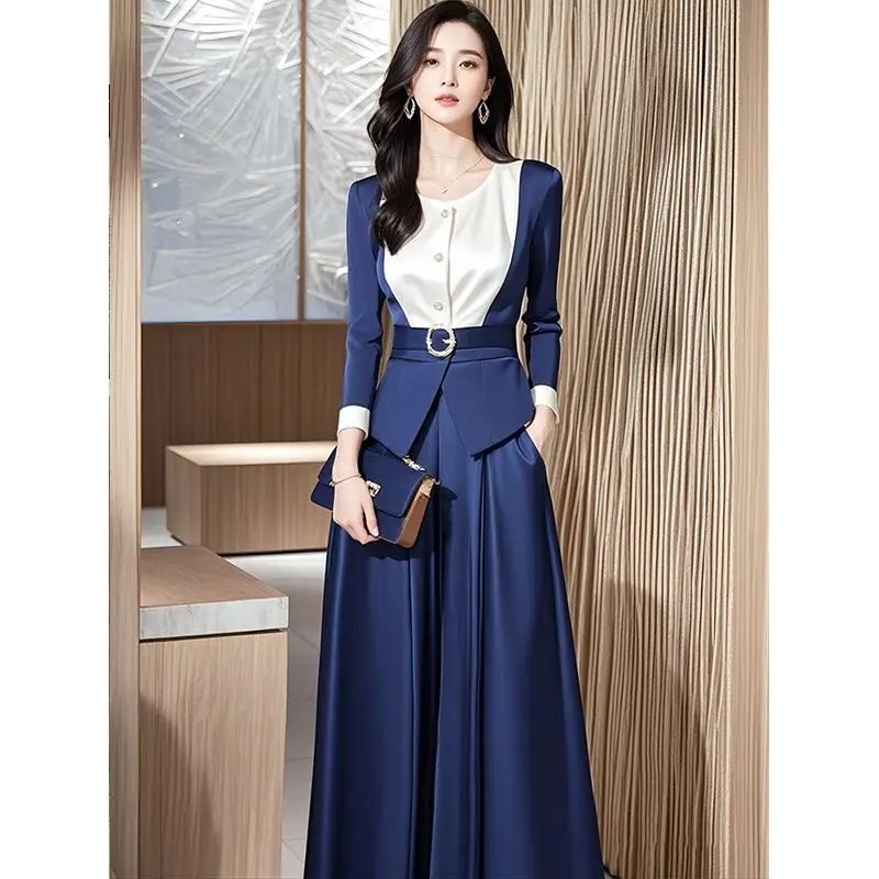 Lente 2025 Nieuwe Elegante Damespak Franse Mode Single Berasted Jas Top Met Riem + Wijde Pijpen Broek 2-delige Set Kantoor OL