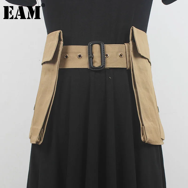 [EAM] Black Kahki Irregular Pocket Wide Long Belt Personality Women New Fashion Tide All-match Spring Autumn 2024 1DH0208