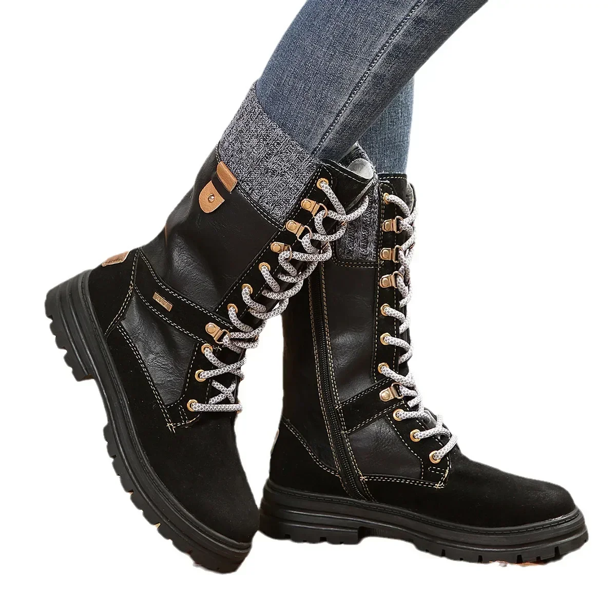 Retro Women Boots Winter Boots for Women Lace Up Mid Calf Boots Woman Round Toe Platform Boot Female  Knight