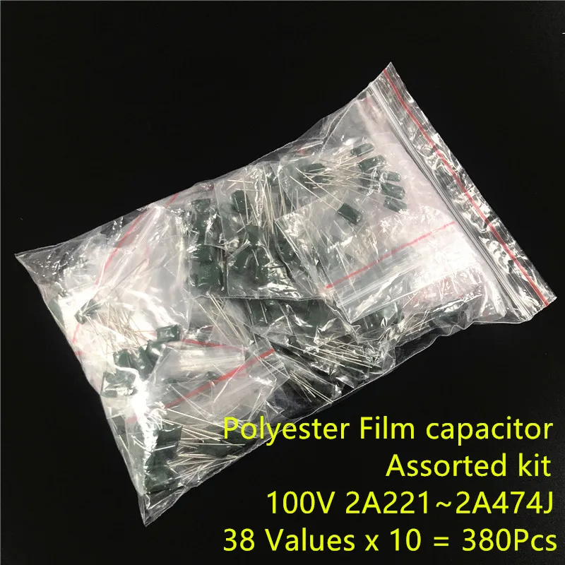 

100V Mylar Film Capacitor assorted Kit 2A221~2A474J 220pF~470nF 38value x 10pcs Polyester Film capacitor