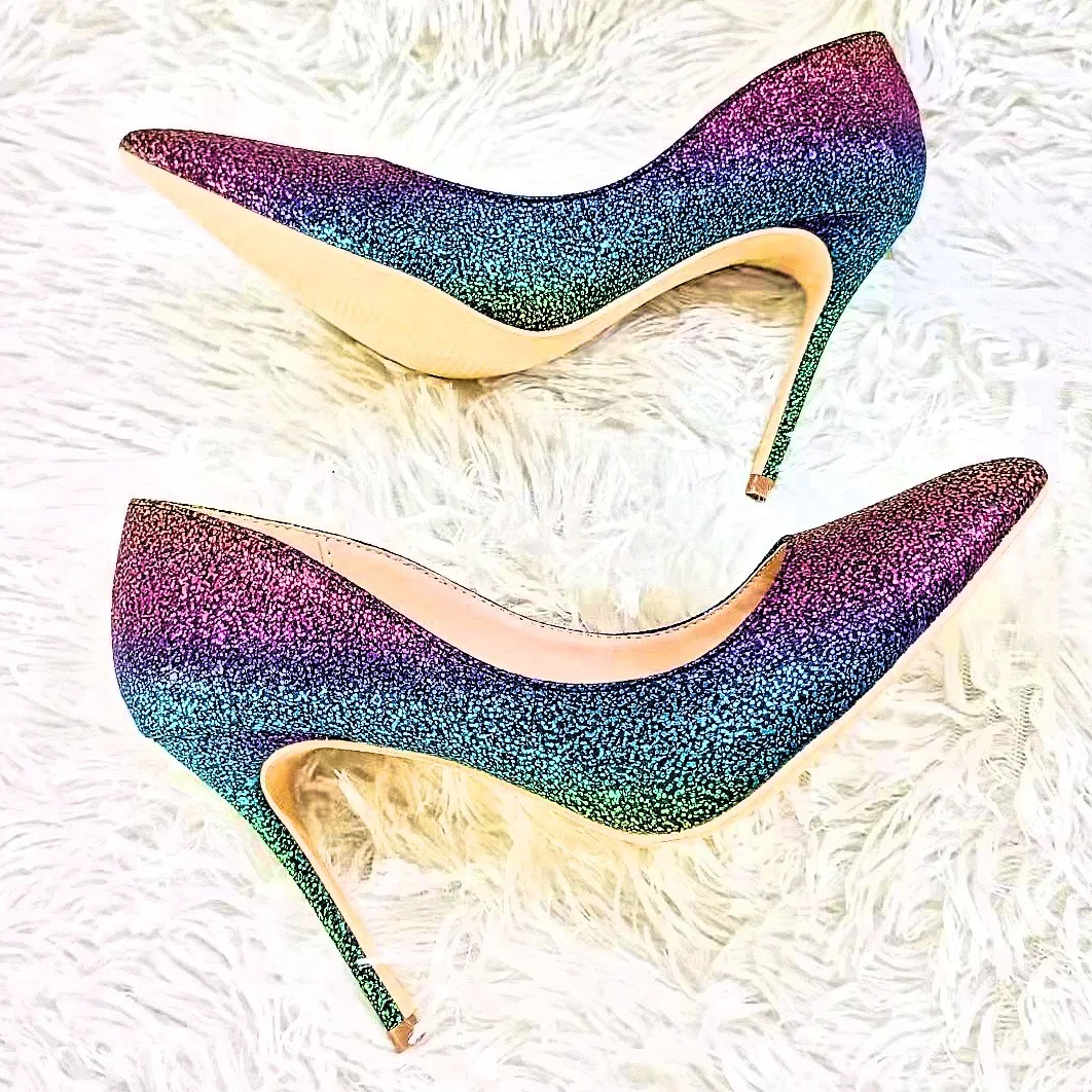 

Gradient Purple Blue Sequins Bling High Heels Pumps Colorful Paillette Pointed Toe Heel Shallow Slip On Woman Banquet Shoes