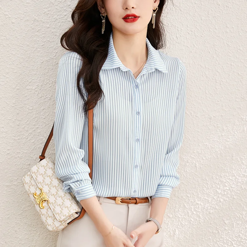 #2544 Spring Office Vertrical Striped Shirt Women Long Sleeve Regular Fit Womens Tops And Blouses Korean Style Elegant Shirts