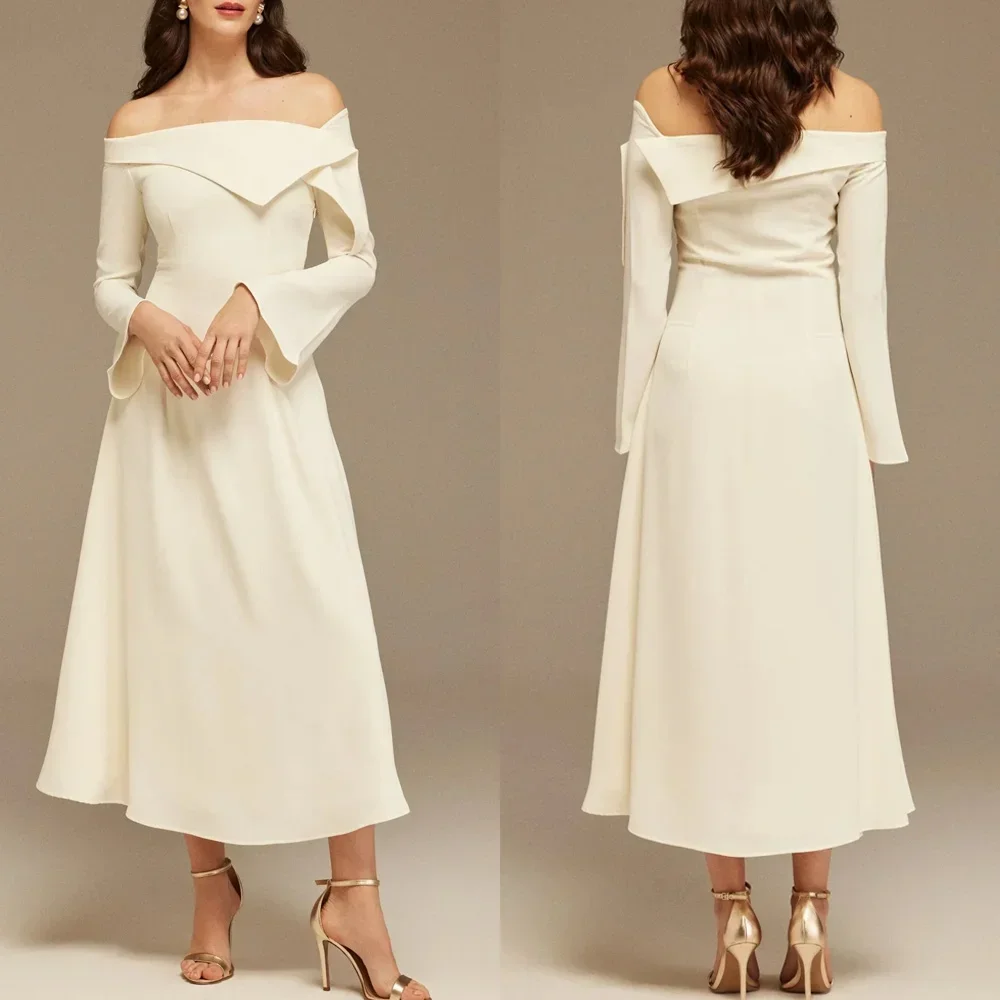 크레페 비대칭 접힌 넥 라인 a 라인 미디 드레스 이브닝 드레스 여성을위한 절묘한 고품질 댄스 파티 가운 맞춤형